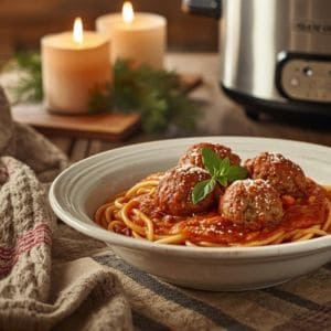 Busy Weeknight Slow Cooker Spaghetti & Meatballs Made Easy